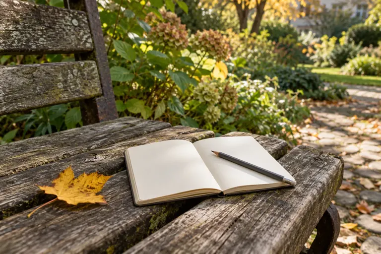 Carnet de terrain et crayon près de feuilles tombées