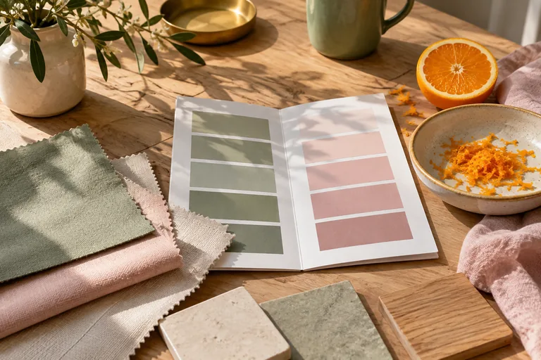 Des aplats verts et roses sont disposés près de tissus et de zeste d’orange.
