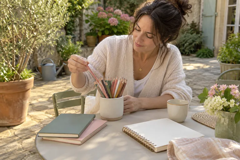 Une femme choisit un crayon dans un pot sur une table de cour.