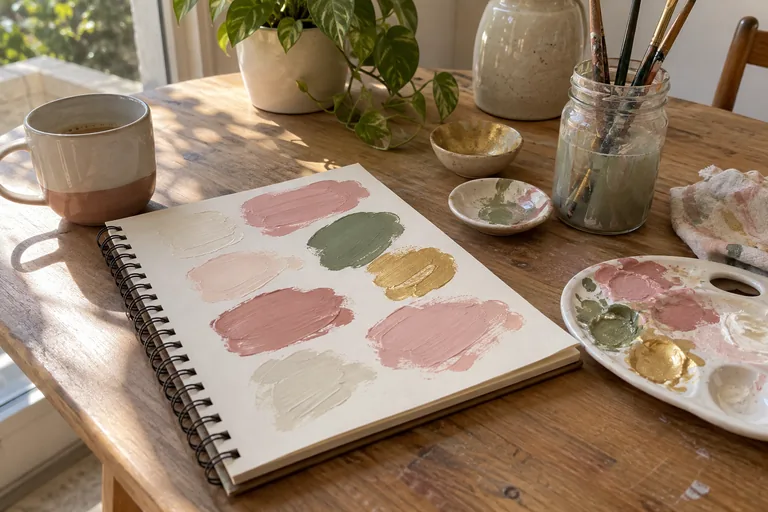 Des touches de peinture pastel remplissent une page près d’une palette et de pinceaux.