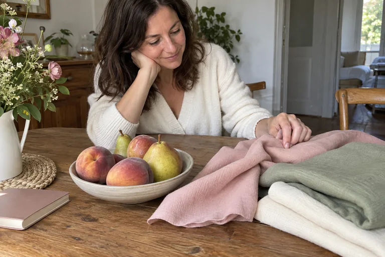 Une femme observe des fruits et des tissus rose, sauge et crème sur une table.