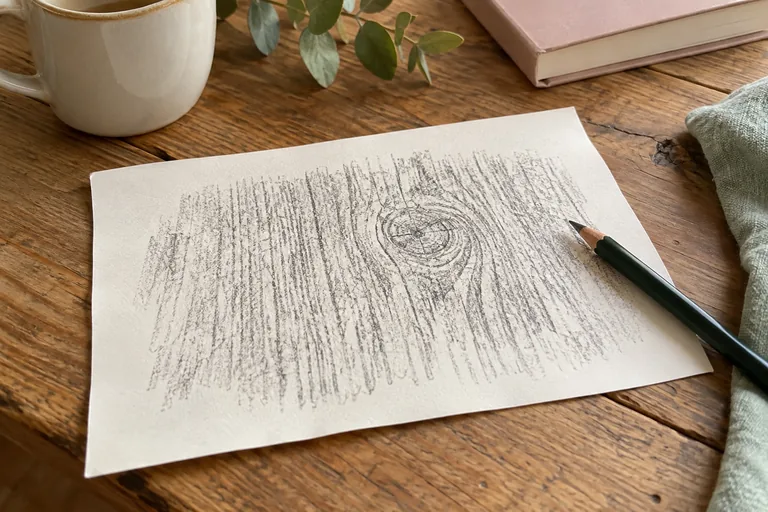 Une empreinte de veinures de bois couvre une feuille près d’un crayon.