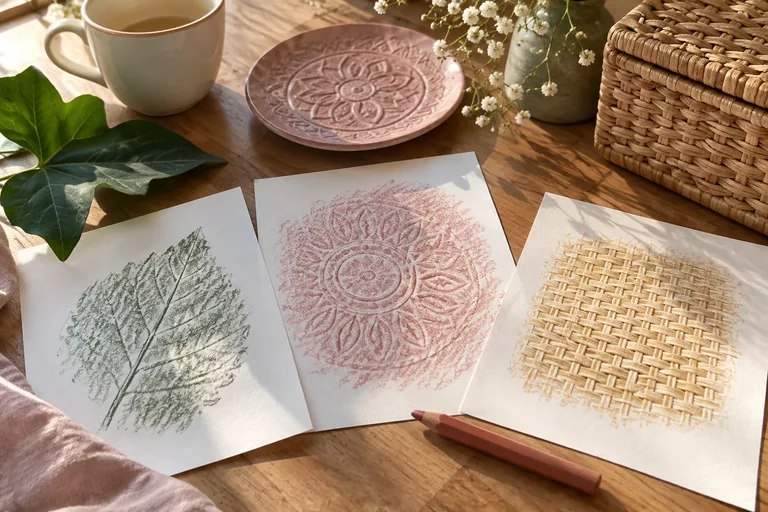 Trois feuilles portent des empreintes de feuille, de motif circulaire et de tressage.
