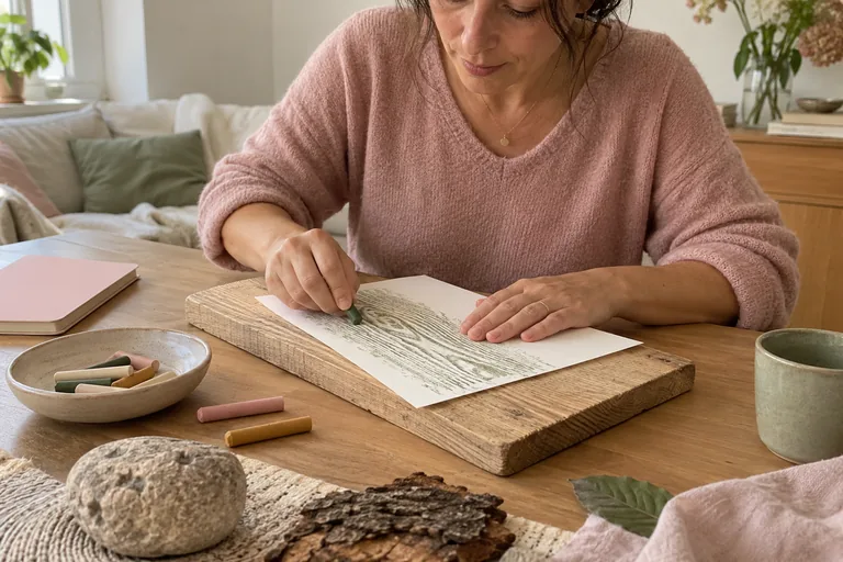Une femme frotte un pastel sur du papier posé sur une planche de bois.
