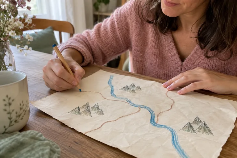 Une femme dessine des chemins près d’une rivière et de groupes de montagnes sur une feuille.