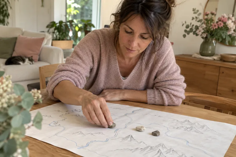 Une femme déplace un caillou sur une carte dessinée avec des rivières et des montagnes.