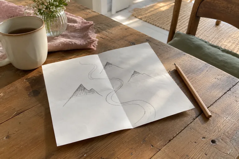 Une feuille pliée porte une rivière et trois groupes de montagnes dessinés au crayon.
