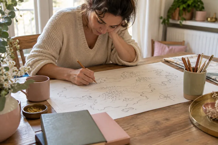 Une femme dessine une carte de reliefs et de côtes sur une grande feuille.