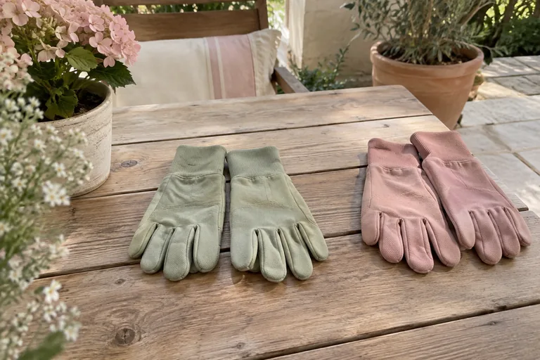 Deux paires de gants de jardinage, verte et rose, séparées sur une table.
