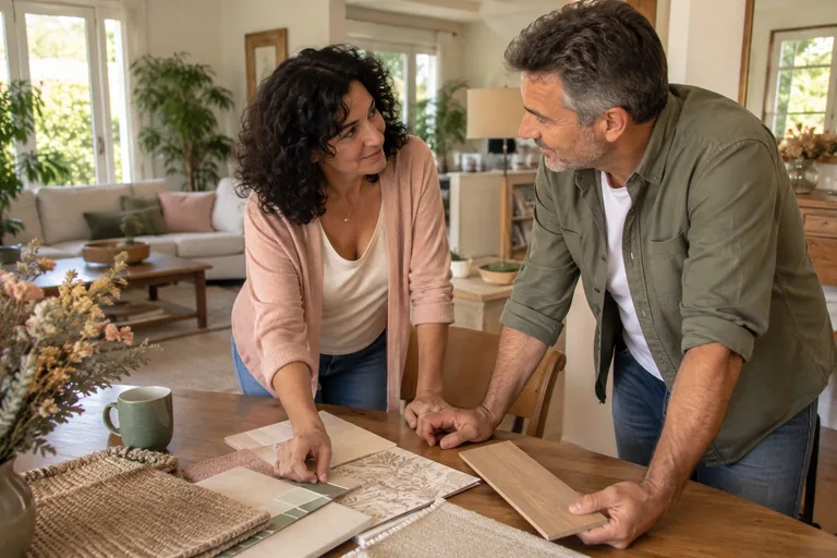 Deux adultes comparent des matériaux de décoration sur une table.
