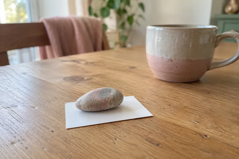 Un galet repose sur une petite carte blanche près d’une tasse.