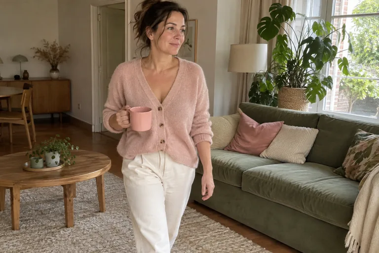 Une femme traverse un salon en tenant une tasse rose.