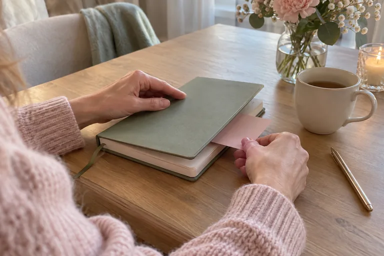 Des mains glissent une carte rose vierge dans un carnet vert.