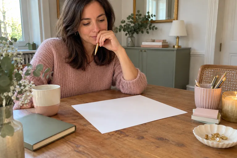 Une femme tient un stylo devant une feuille blanche sur une table.