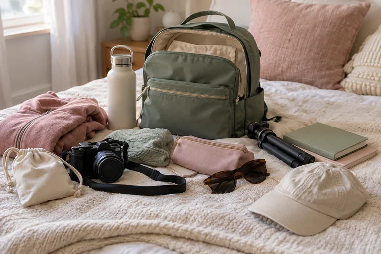Sac à dos et petit équipement photographique préparés sur un lit.