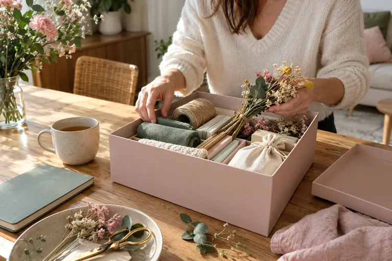 Femme rangeant fleurs séchées et fournitures dans une boîte ouverte.
