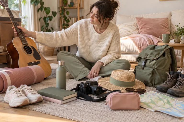 Femme assise parmi une guitare, un appareil photo et du matériel de randonnée.