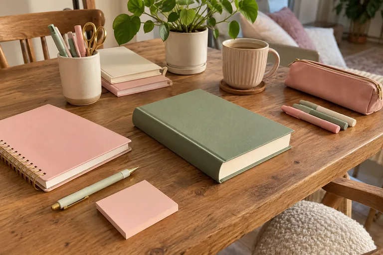 Livre fermé et papeterie disposés sur un bureau.