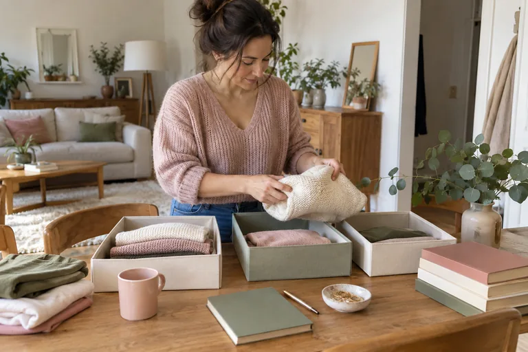 Femme pliant des vêtements devant trois boîtes.