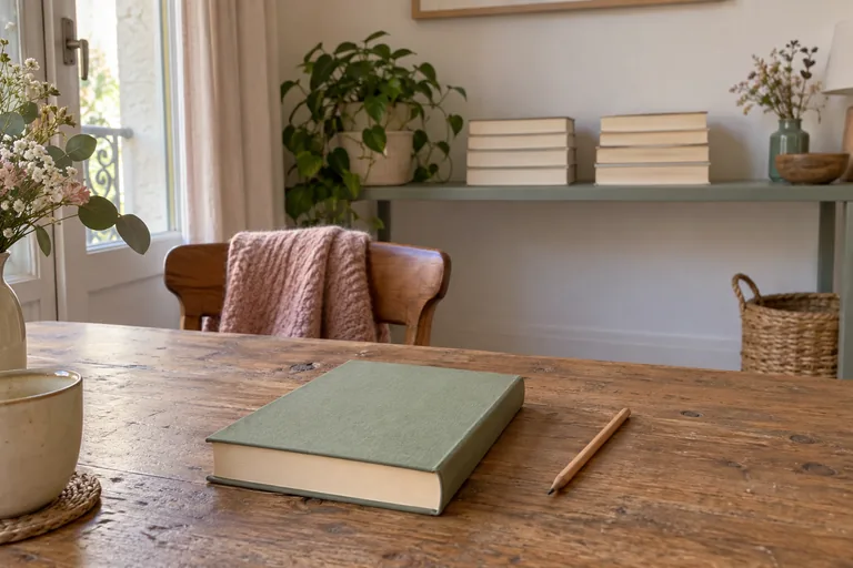Livre fermé et crayon sur une table, piles de livres sur une tablette éloignée.