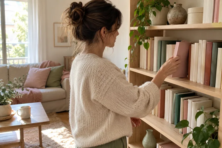 Femme retirant un livre d’une bibliothèque.