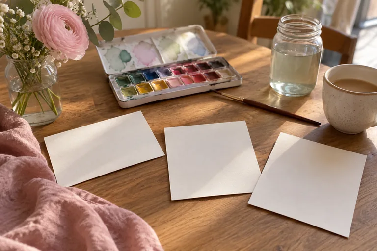 Trois cartes vierges sont posées près d’une palette d’aquarelle et d’un pinceau.