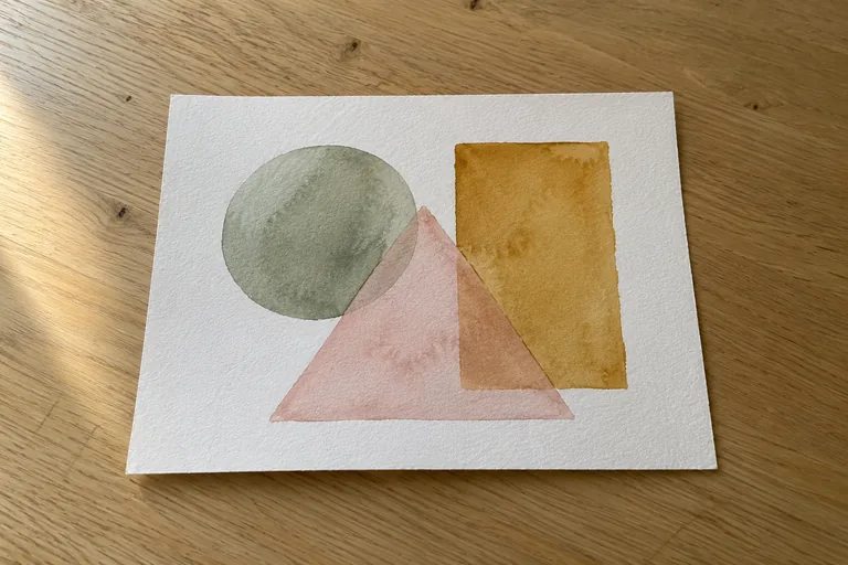 Une aquarelle représente un cercle sauge, un triangle rose et un rectangle ocre.