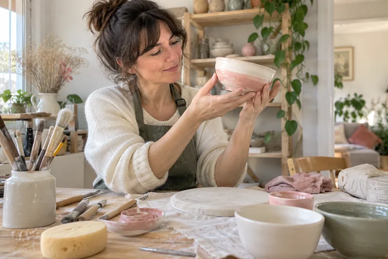Une femme en tablier examine un bol rose et blanc dans un atelier.