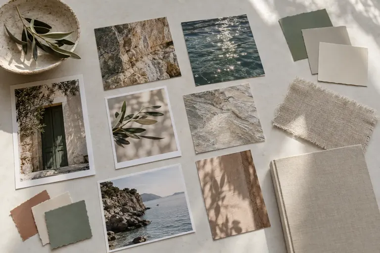 Échantillons de couleurs et photographies de textures sur une table