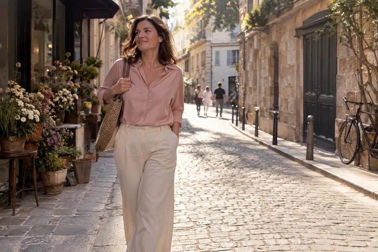 Une femme marche avec assurance dans une rue ensoleillée en souriant