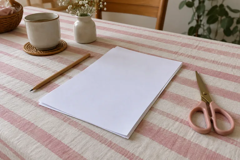 Un crayon, des feuilles et une paire de ciseaux reposent sur une nappe rayée.