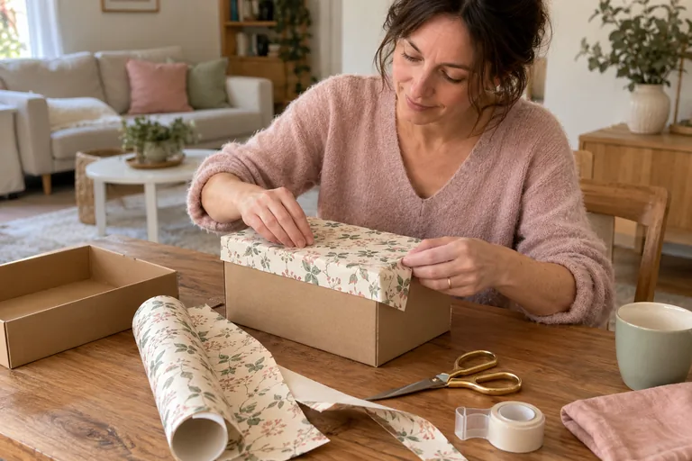 Une femme recouvre une boîte en carton de papier à motifs végétaux.