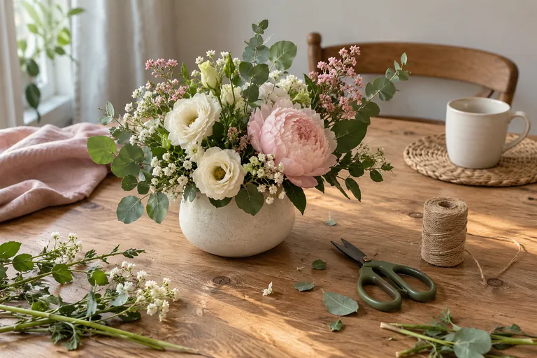 Un bouquet est posé près de ciseaux et d’une bobine de ficelle.