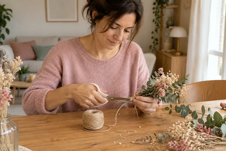 Une femme utilise des ciseaux et de la ficelle pour assembler un petit bouquet.