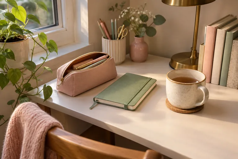 Une trousse rose et un petit carnet vert fermé sont posés sur un bureau.