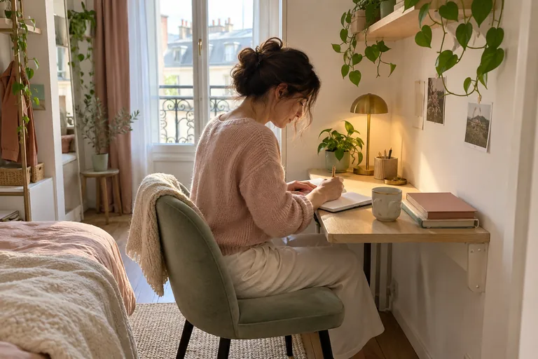 Une femme écrit à un petit bureau mural installé près d’un lit.