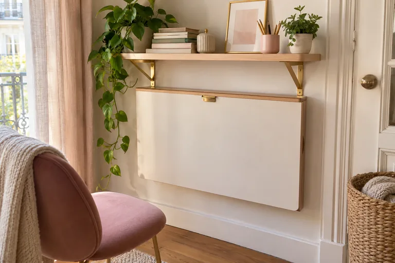Un bureau mural rabattu est placé sous une étagère avec une chaise à proximité.