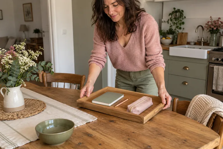 Une femme pose un plateau contenant un carnet, un crayon et une trousse sur une table.
