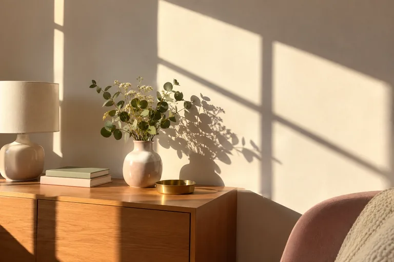 Des ombres de fenêtre et de végétaux se dessinent sur un mur crème.