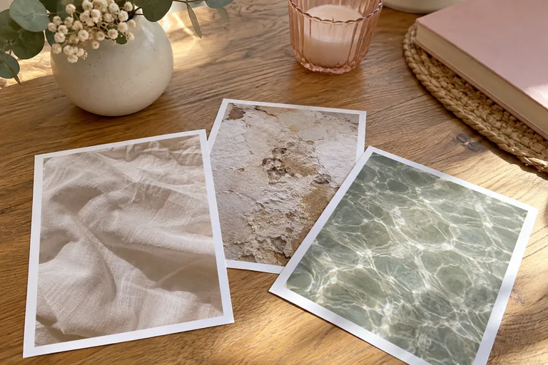 Trois tirages montrent du tissu, un mur et des reflets dans l’eau.