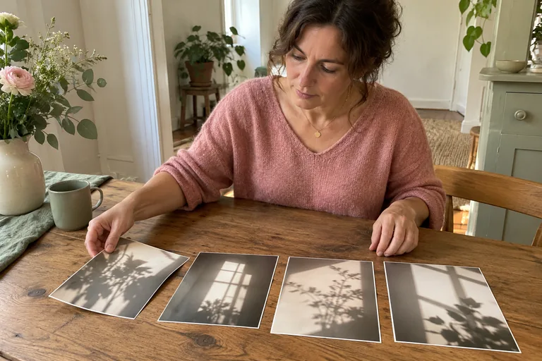 Une femme dispose quatre photographies d’ombres de plantes et de fenêtres sur une table.