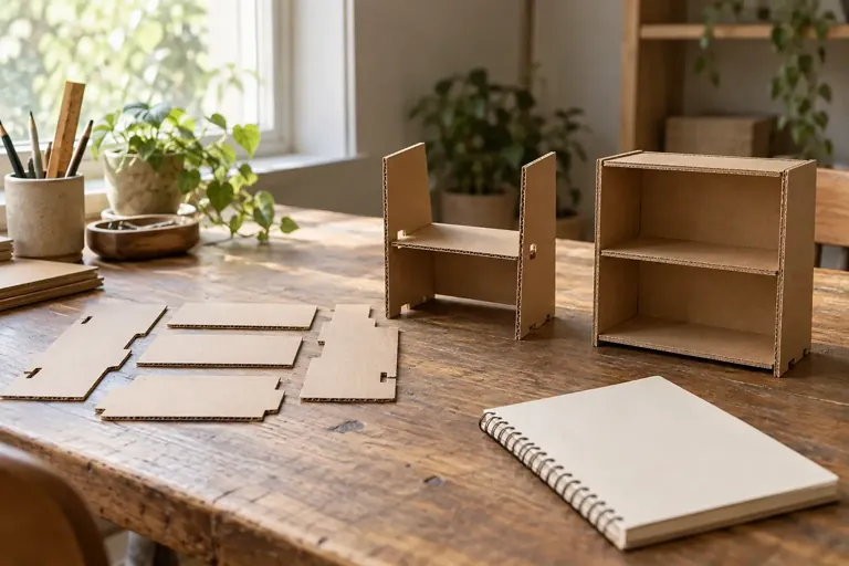 Maquette en carton et trois étapes de préparation sur un atelier