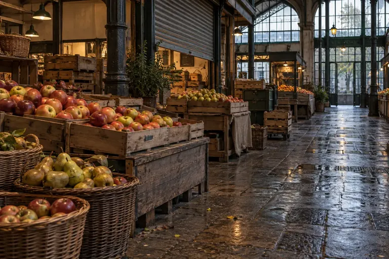 Allée de marché couvert avec cagettes et lumière latérale