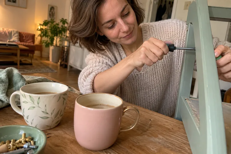 Femme utilisant un tournevis près de deux mugs sur une table.