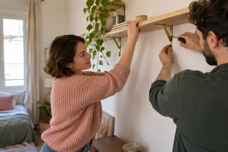 Une femme tient une étagère pendant qu’un homme serre une fixation.