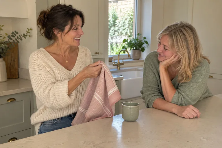 Deux femmes discutent dans une cuisine, l’une tenant un torchon rose.