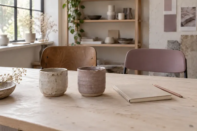 Deux céramiques et un carnet de notes sur une table d’atelier