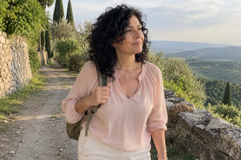 Femme avec un sac marchant sur un chemin bordé d’oliviers.