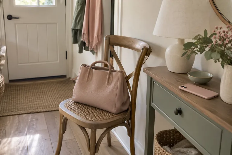 Sac à main sur une chaise près d’un téléphone posé face cachée dans une entrée.