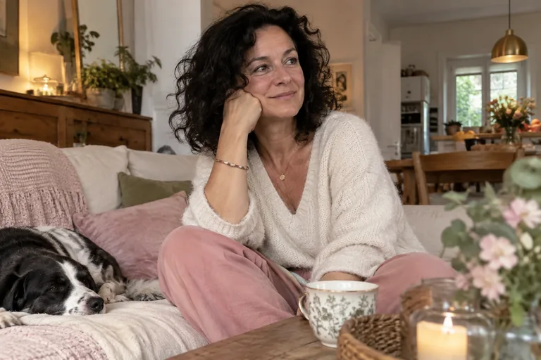 Femme assise sur un canapé, la joue sur le poing, à côté d’un chien.